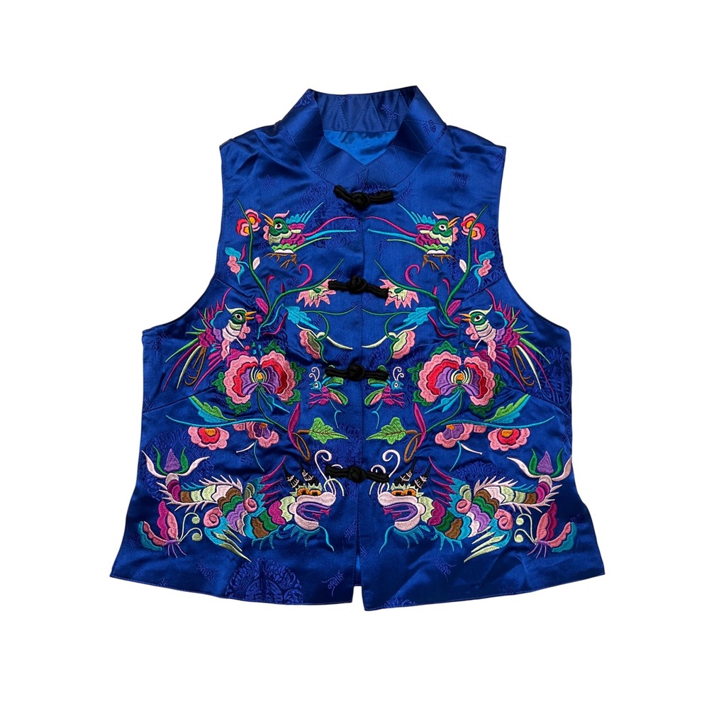 Chinese Blue Satin Embroidered Dragon Phoenix Mandarin Collar Vest Size M/L